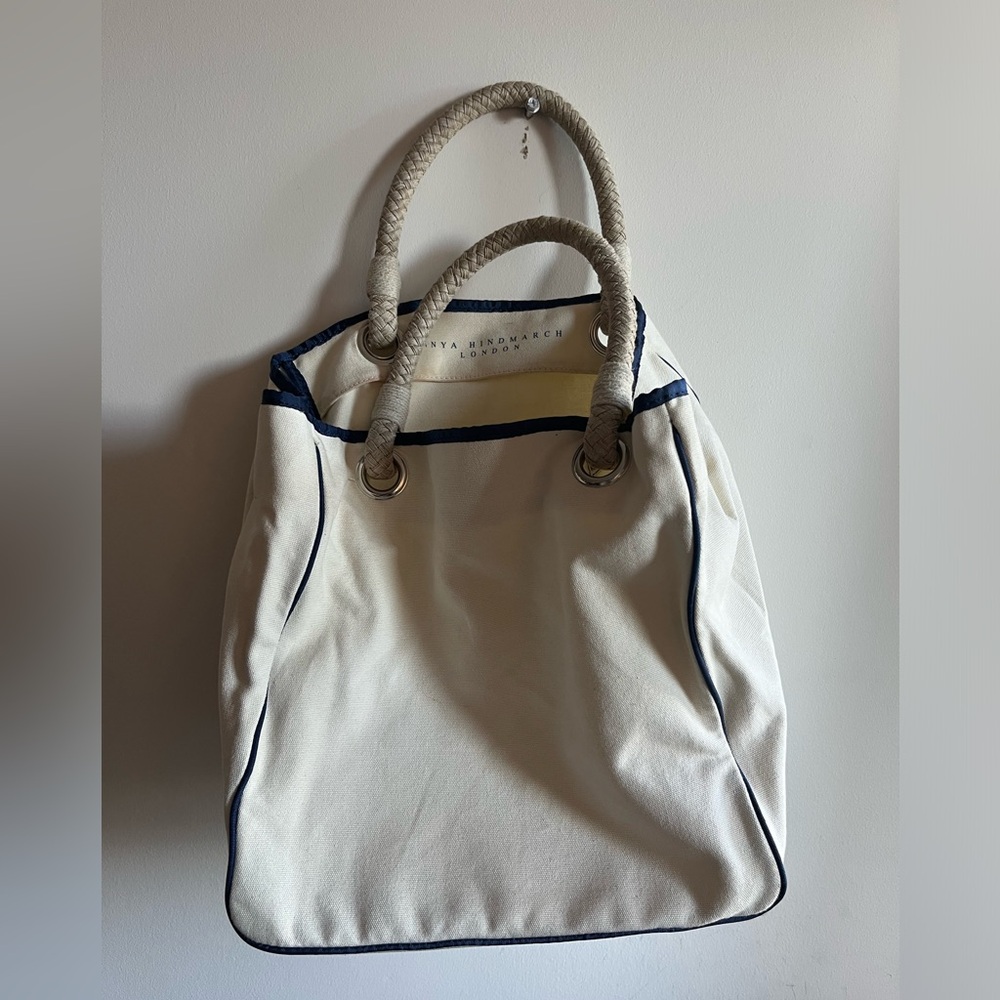 Anya Hindmarch London I AM NOT A PLASTIC BAG Cream and Navy Canvas Tote Bag - Picture 7 of 13